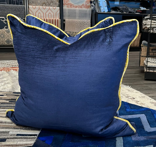 Cobalt blue velvet pillows with citron yellow welt