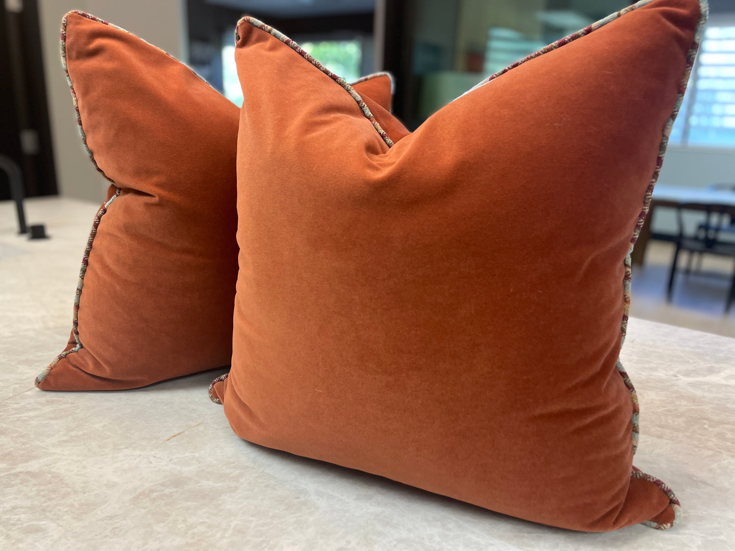 Burnt Orange / Persimmon Velvet 22" Pillows with Cashmere Wool Contrast Welt