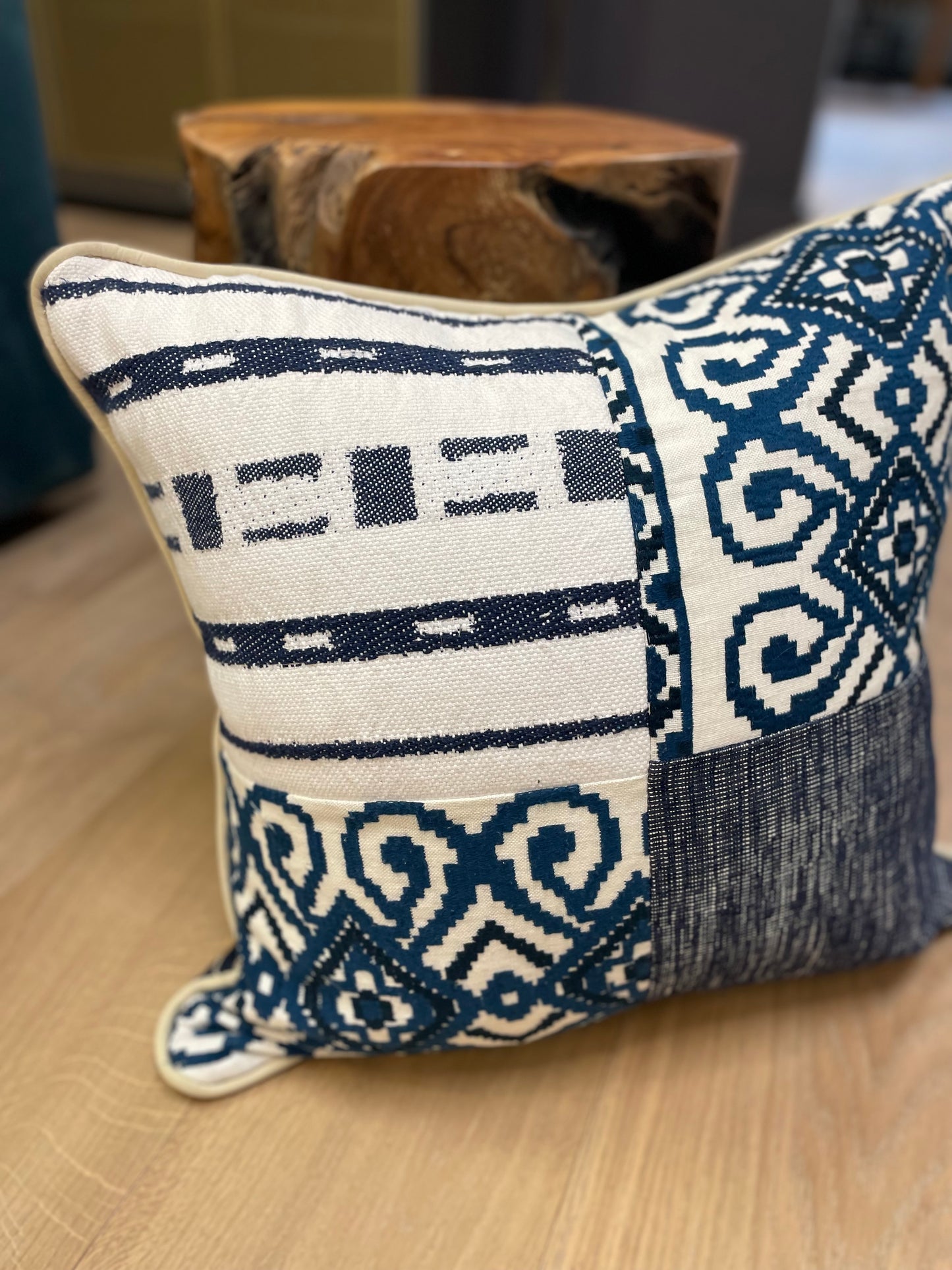 Indigo Blues Patchwork Pillow with Heavy Cotton Blue Stripe Back and Cream Suede Welt