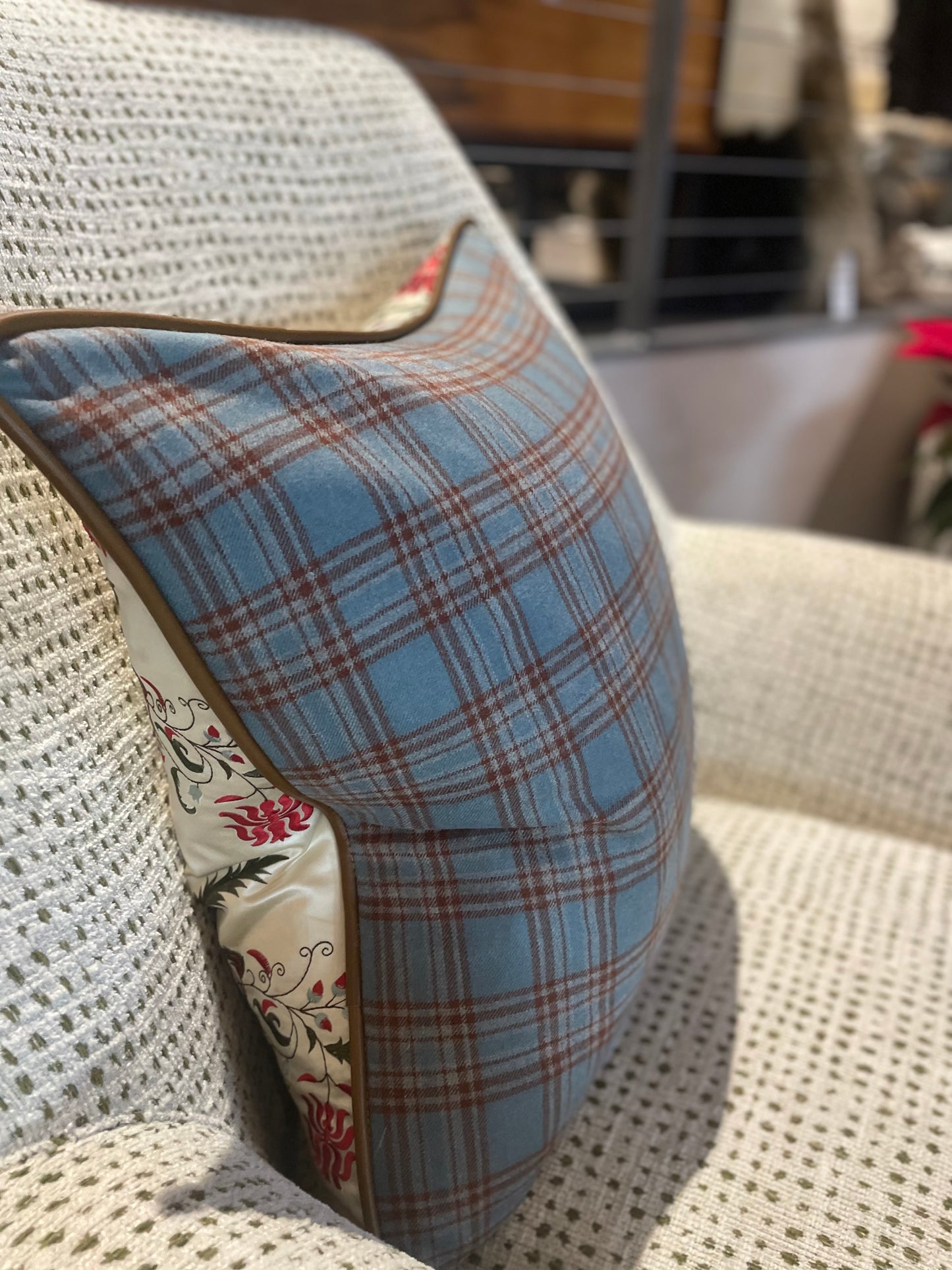 Christmas inspired silk pillow with leather welt and cashmere plaid back