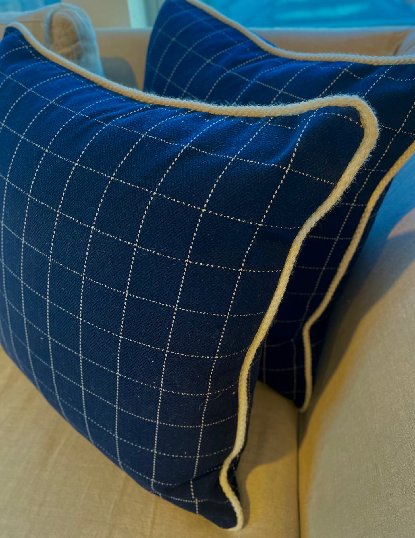 Cobalt Blue Plaid Wool pillows with white wool welt