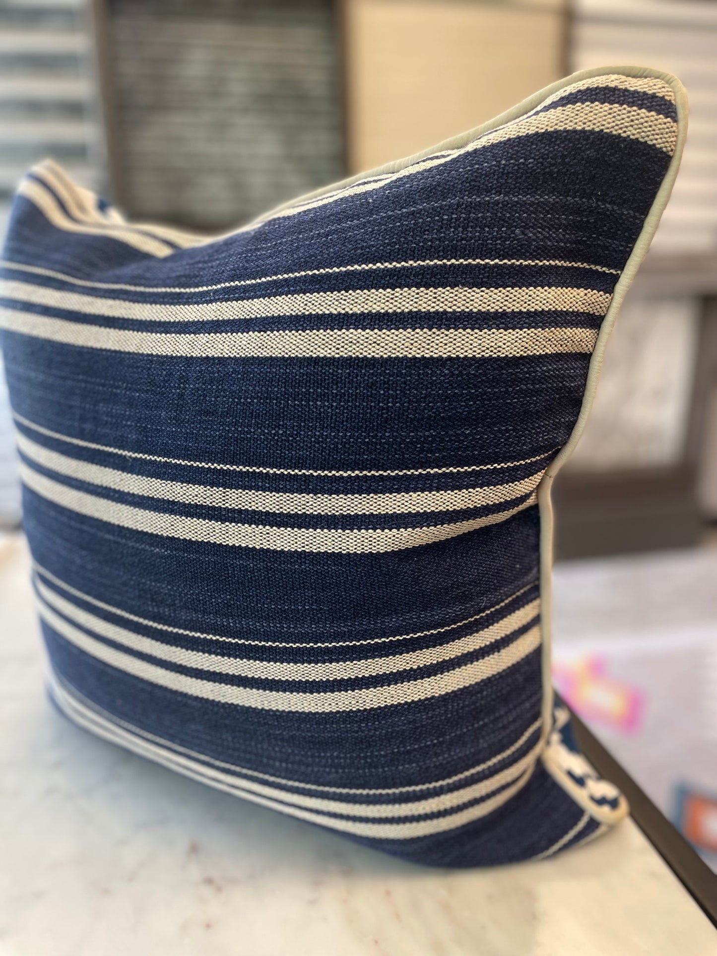 Indigo Blues Patchwork Pillow with Heavy Cotton Blue Stripe Back and Cream Suede Welt