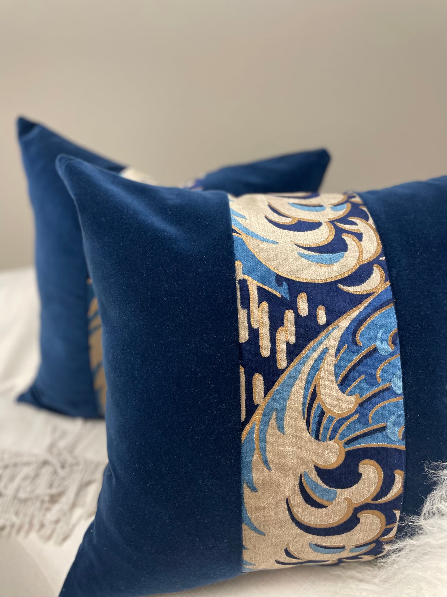 Deep Cobalt Blue Wave Pillow with Accent Fabric