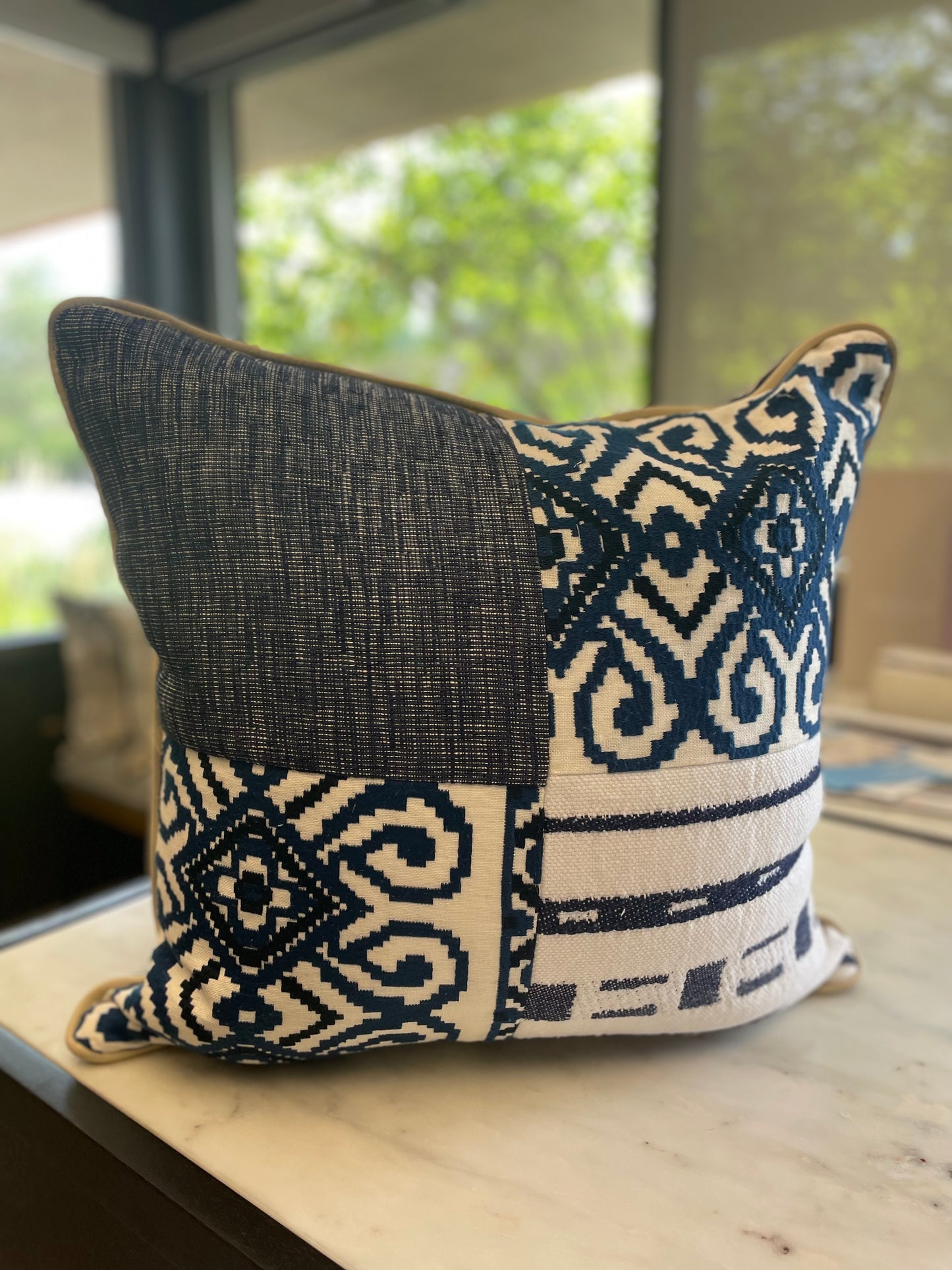 Indigo Blues Patchwork Pillow with Heavy Cotton Blue Stripe Back and Cream Suede Welt