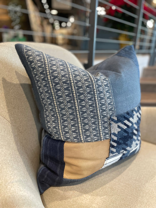 Blue Denim Multiblock Pillow with Leather Accent