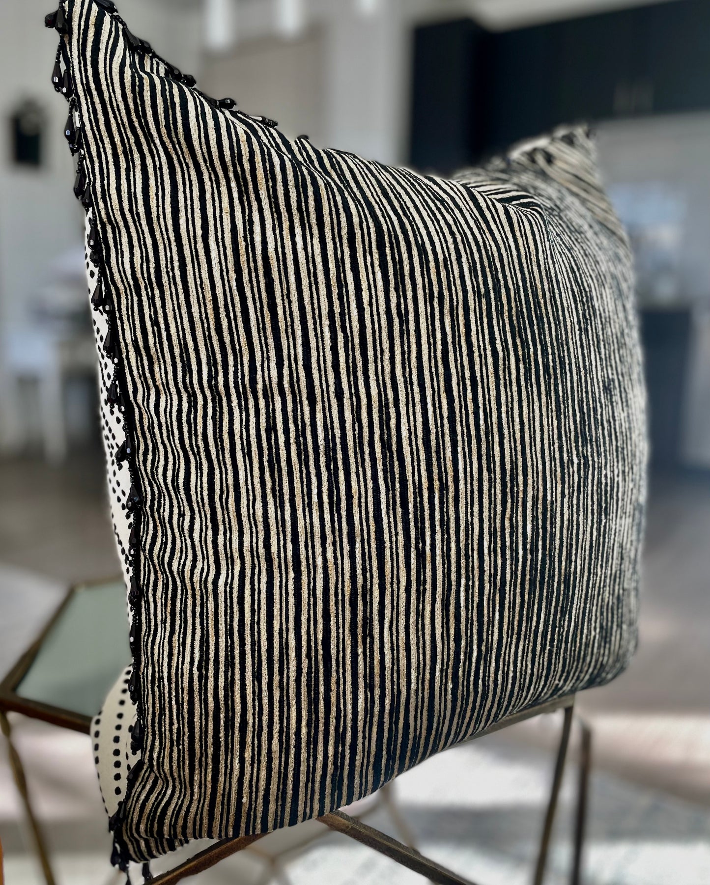 Black and Cream Velvet pillow with Beaded Trim