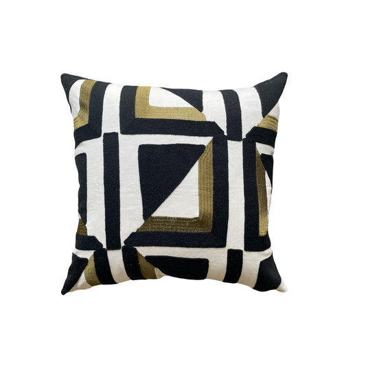 Black and White Geometric Pattern Linen with Black Leather Back