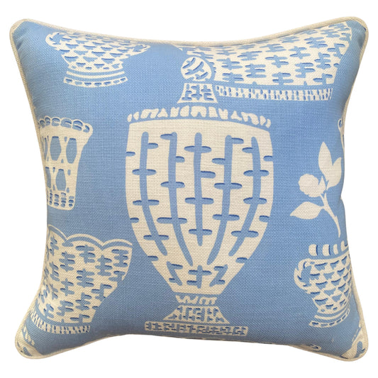 Blue and White Pot Pillows with Linen Heavy Welt and Back